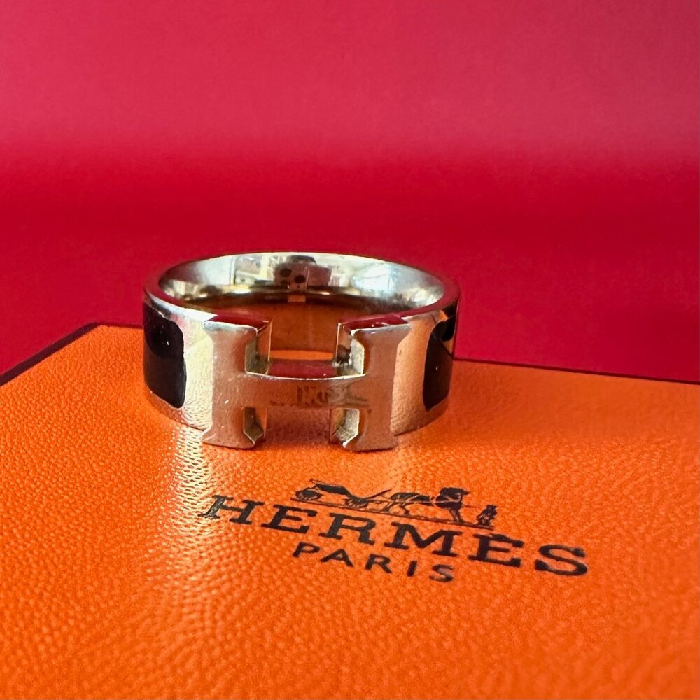 Hermes Black Enamel Gold Tone Clic Clac H Band Ring Size 8 1/4 - Picture 10 of 13